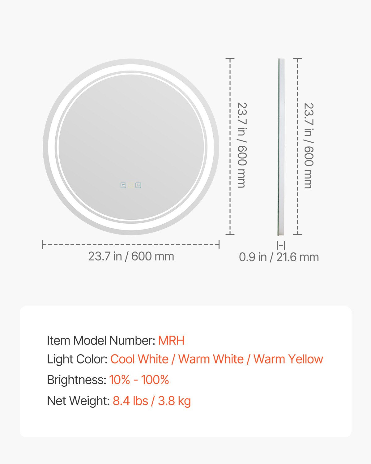 LED bathroom mirror 3 color anti-fog Wall mounted round makeup mirror 60cm