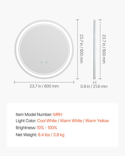 LED bathroom mirror 3 color anti-fog Wall mounted round makeup mirror 60cm