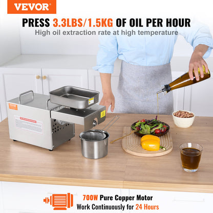 Elektrisk oljepressmaskin, 700 W oljeextraktionsmaskin i rostfritt stål, 140 ℃ / 284 ℉ konstant temperatur, varmpressoljeutdrivare för pressning av jordnötter, sesamfrön, raps, tefrön