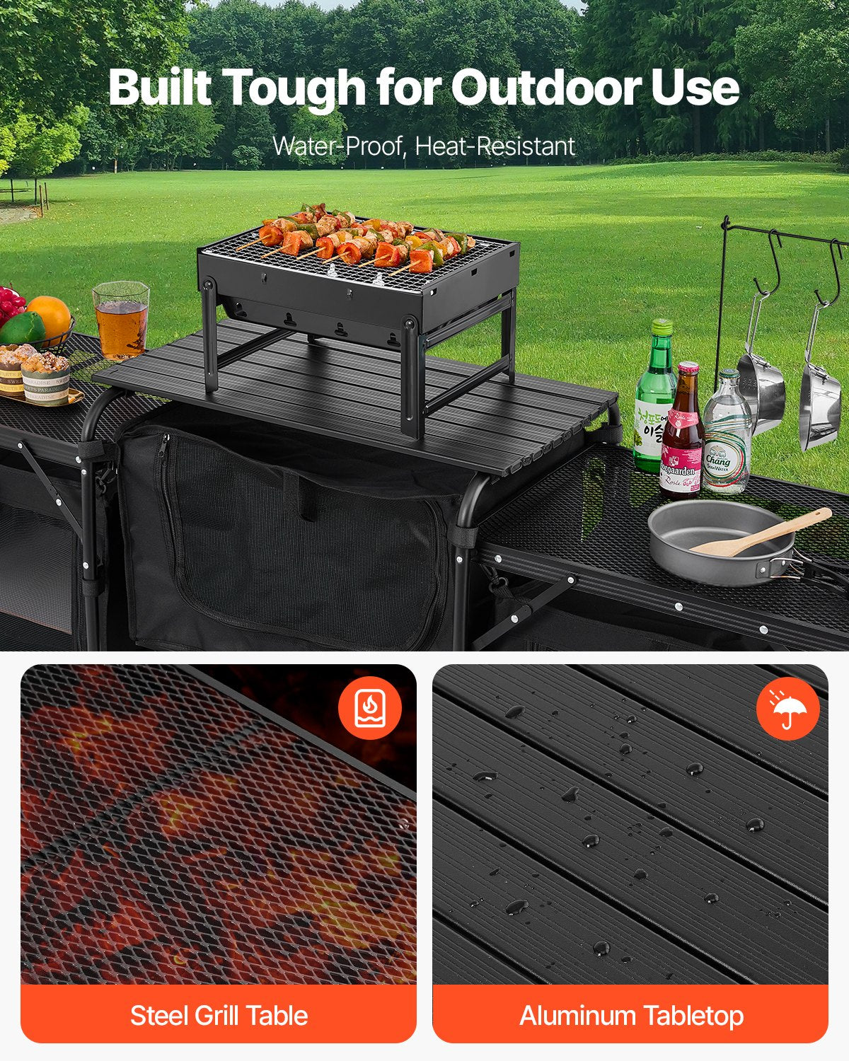 Camping Kitchen Table Portable Outdoor Cook Station Windshield Cabinet