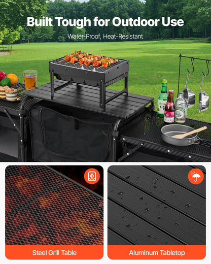Camping Kitchen Table Portable Outdoor Cook Station Windshield Cabinet