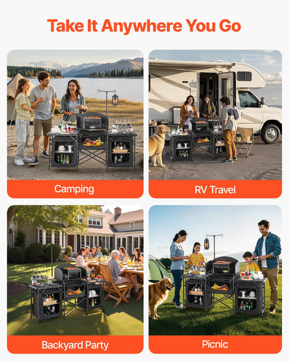 Camping Kitchen Table Portable Outdoor Cook Station Windshield Cabinet