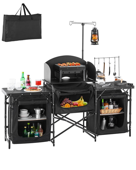 Camping Kitchen Table Portable Outdoor Cook Station Windshield Cabinet