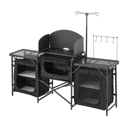 Camping Kitchen Table Portable Outdoor Cook Station Windshield Cabinet