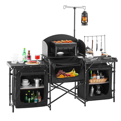 Camping Kitchen Table Portable Outdoor Cook Station Windshield Cabinet
