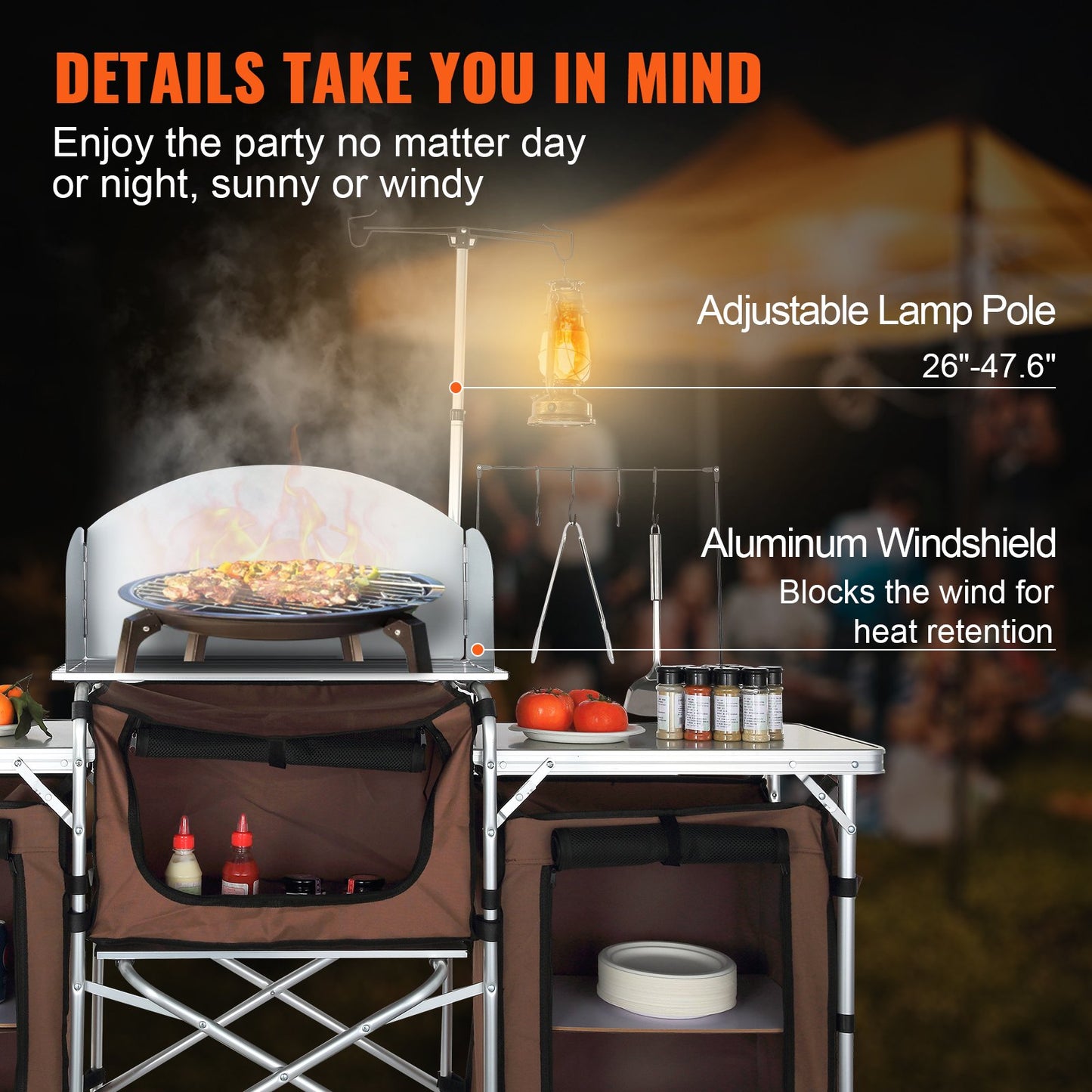 Camping-Küchentisch, faltbarer Outdoor-Kochtisch mit Aufbewahrungstasche, Aluminium-Kochstation, 3 Schränke und abnehmbare Windschutzscheibe, schneller Aufbau für Picknick, Grillen, Reisen mit dem Wohnmobil, braun