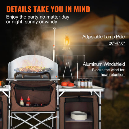 Camping-Küchentisch, faltbarer Outdoor-Kochtisch mit Aufbewahrungstasche, Aluminium-Kochstation, 3 Schränke und abnehmbare Windschutzscheibe, schneller Aufbau für Picknick, Grillen, Reisen mit dem Wohnmobil, braun