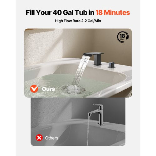 romersk badkarsblandare, 3-håls vattenfallsblandare, badkarsblandare set med 2 handtag, romerska badkarsblandare däckmonterade för husdjurstvätt, babyvård, vuxenbad, mattsvart, rostfritt stål |  EU