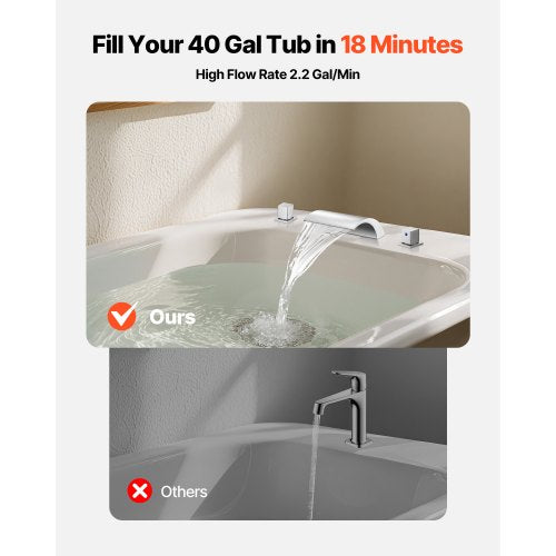 romersk badkarsblandare, badkarsblandare med 3 hål och vattenfall, romerskt badkarsblandareset med 2 handtag, badkarsblandare för däckmontering för husdjurstvätt, babyvård, vuxenbad, silver, dubbelt vattenflöde |  EU