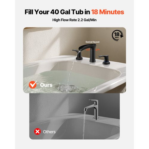 romersk badkarsblandare, 3-håls vattenfallsblandare, badkarsblandare i zinklegering med 2 handtag, romerska badkarsblandare däckmonterade för husdjurstvätt, bad för vuxna, mattsvart, temperaturkontroll |  EU