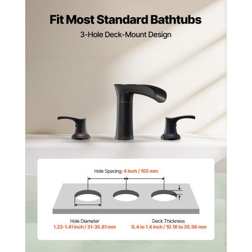 romersk badkarsblandare, 3-håls vattenfallsblandare, badkarsblandare i zinklegering med 2 handtag, romerska badkarsblandare däckmonterade för husdjurstvätt, bad för vuxna, mattsvart, temperaturkontroll |  EU