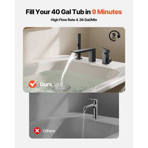 romersk badkarsblandare, badkarsblandare med 3 hål och vattenfall, romerskt badkarsblandareset med duschmunstycke och 1 handtag, badkarsblandareset för däckmontering för babyvård, mattsvart, rostfritt stål, droppfri |  EU