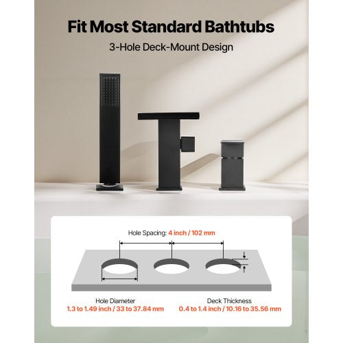 romersk badkarsblandare, badkarsblandare med 3 hål och vattenfall, romerskt badkarsblandareset med duschmunstycke och 1 handtag, badkarsblandareset för badkar med däckmontering för vuxna, mattsvart, dubbla vattenflödesalternativ |  EU