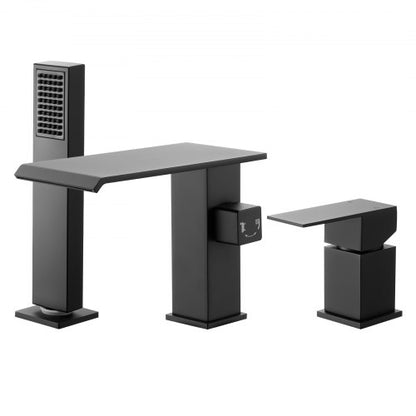 romersk badkarsblandare, badkarsblandare med 3 hål och vattenfall, romerskt badkarsblandareset med duschmunstycke och 1 handtag, badkarsblandareset för badkar med däckmontering för vuxna, mattsvart, dubbla vattenflödesalternativ |  EU