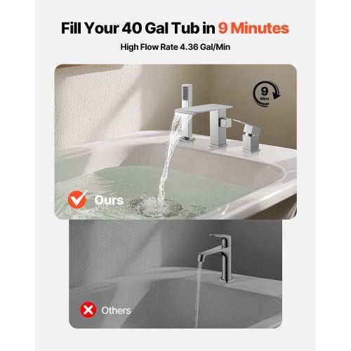 romersk badkarsblandare, badkarsblandare med 3 hål och vattenfall, utbredda romerska badkarsblandare med duschmunstycke och 1 handtag, romerska badkarsblandare för husdjurstvätt, bad för vuxna, borstat rostfritt stål |  EU