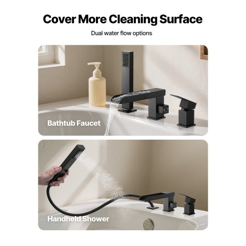 romersk badkarsblandare, badkarsblandare med 3 hål och vattenfall, utbredda romerska badkarsblandare med duschmunstycke och 1 handtag, romerska badkarsblandare för husdjurstvätt, bad för vuxna, mattsvart, rostfritt stål |  EU