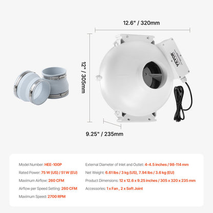 4" to 4.5" Radon Mitigation Fan System Quiet 260CFM Inline Duct Waterproof