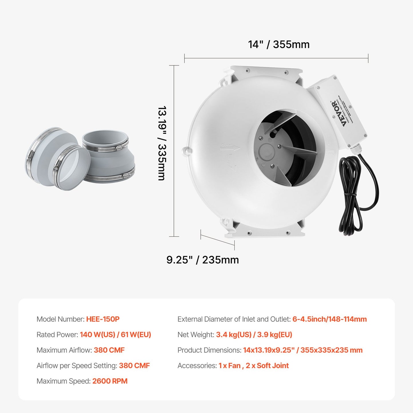 4" to 4.5" Radon Mitigation Fan System Quiet 380CFM Inline Duct Waterproof