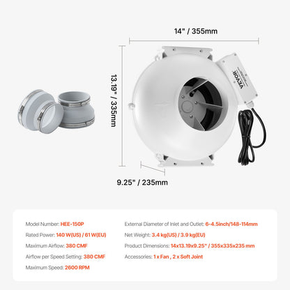 4" to 4.5" Radon Mitigation Fan System Quiet 380CFM Inline Duct Waterproof