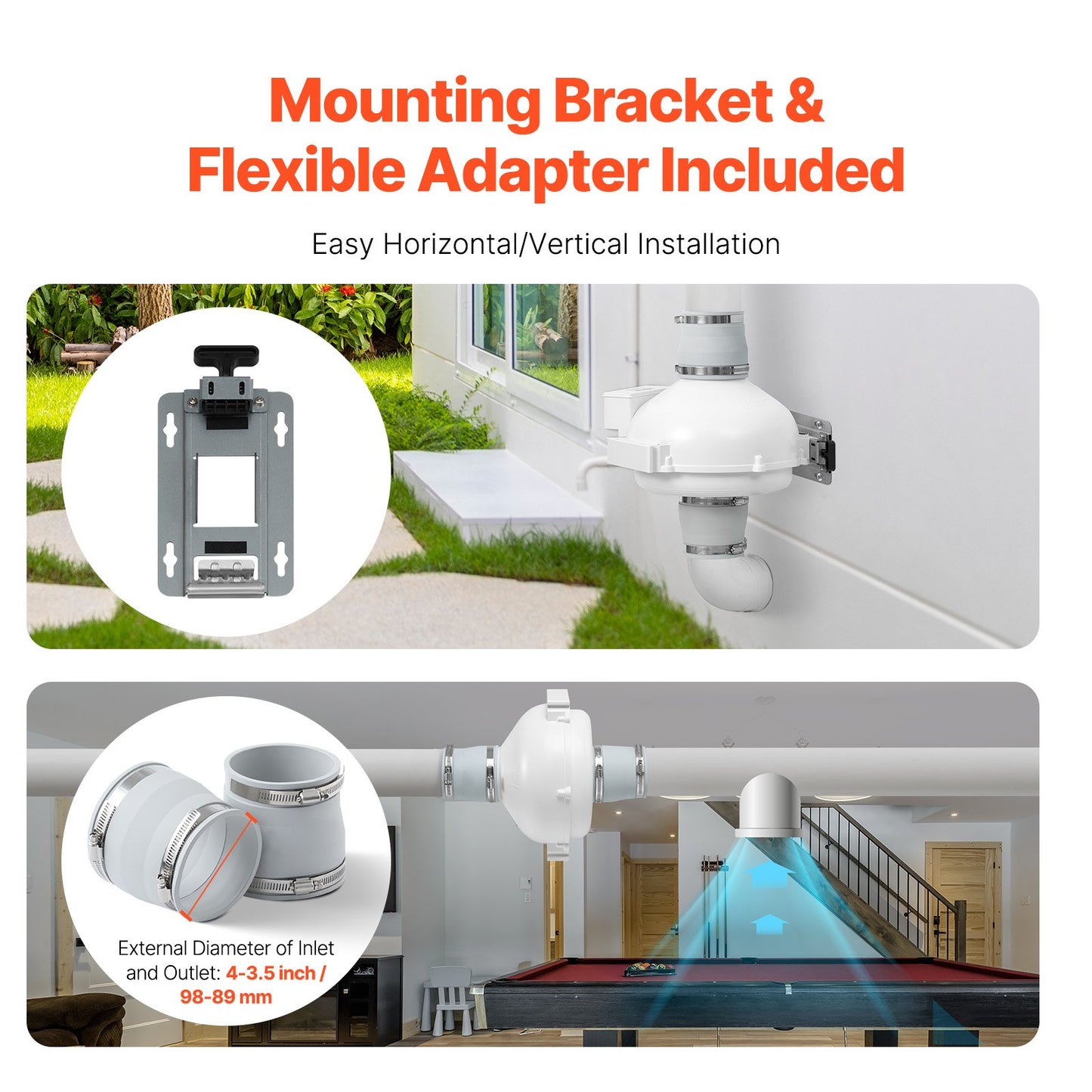 4" to 3.5" Radon Mitigation Fan System Kit Quiet 260 CFM Inline Duct Fan