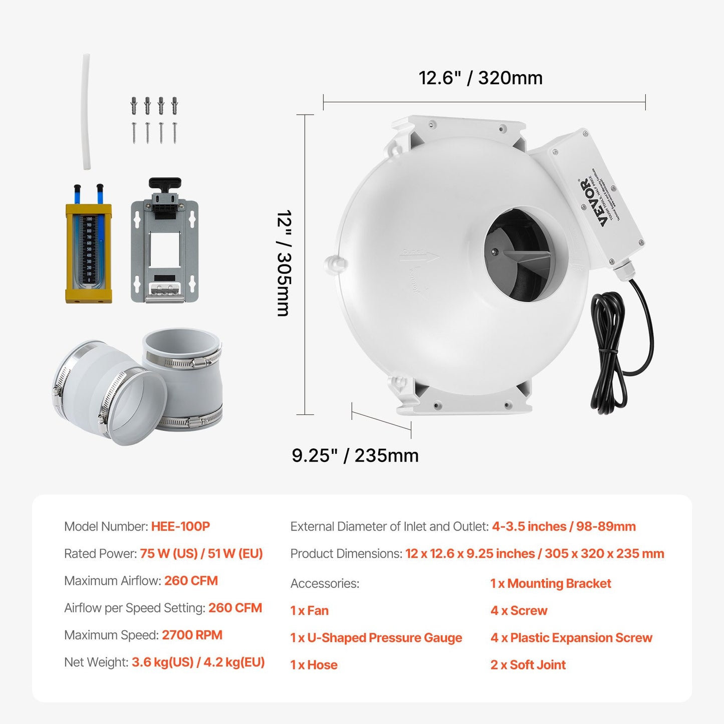 4" to 3.5" Radon Mitigation Fan System Kit Quiet 260 CFM Inline Duct Fan