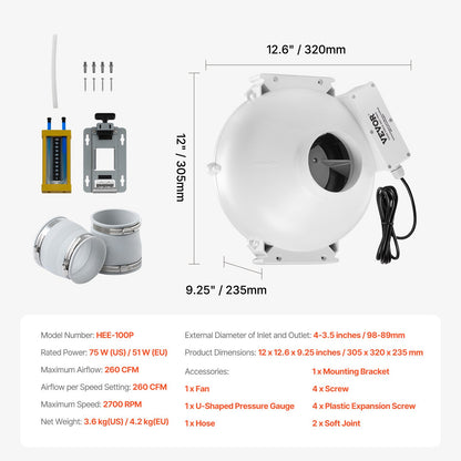 4" to 3.5" Radon Mitigation Fan System Kit Quiet 260 CFM Inline Duct Fan