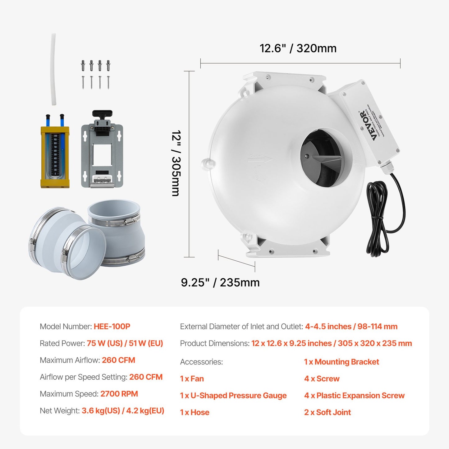 4" to 4.5" Radon Mitigation Fan System Kit Quiet 260 CFM Inline Duct Fan
