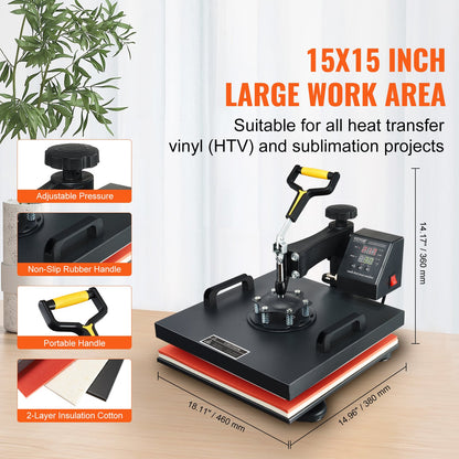 Wärmepresse, 15 x 15 Zoll/38 x 38 cm, 2-in-1-Clamshell-Sublimationstransferdrucker mit Teflonbeschichtung, digitale, präzise Wärmeregelung, Powerpress für T-Shirts, Hüte und Kappen