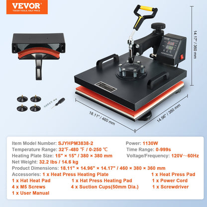 Wärmepresse, 15 x 15 Zoll/38 x 38 cm, 2-in-1-Clamshell-Sublimationstransferdrucker mit Teflonbeschichtung, digitale, präzise Wärmeregelung, Powerpress für T-Shirts, Hüte und Kappen