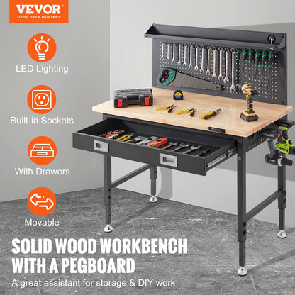 Multifunctional Solid Wood Workbench 48x24" with Pegboard Power Outlet