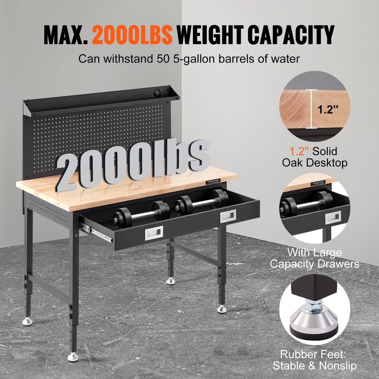Multifunctional Solid Wood Workbench 48x24" with Pegboard Power Outlet
