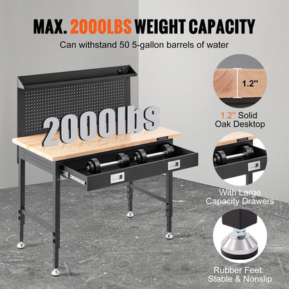Multifunctional Solid Wood Workbench 48x24" with Pegboard Power Outlet