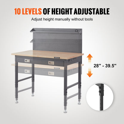 Multifunctional Solid Wood Workbench 48x24" with Pegboard Power Outlet