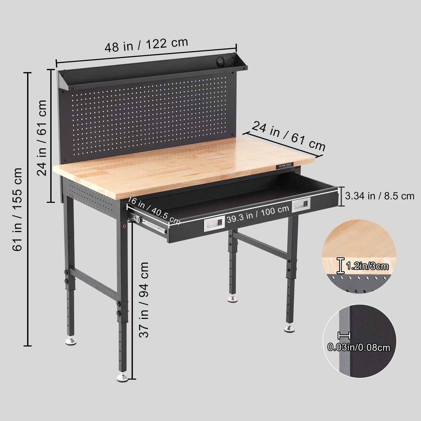 Multifunctional Solid Wood Workbench 48x24" with Pegboard Power Outlet