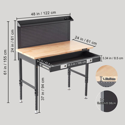 Multifunctional Solid Wood Workbench 48x24" with Pegboard Power Outlet
