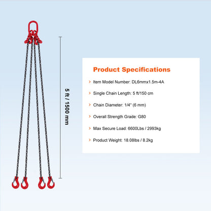 1/4" x 5" Kettenschlinge 4-Strang G80 Hebekette mit Greifhaken 6600 lbs