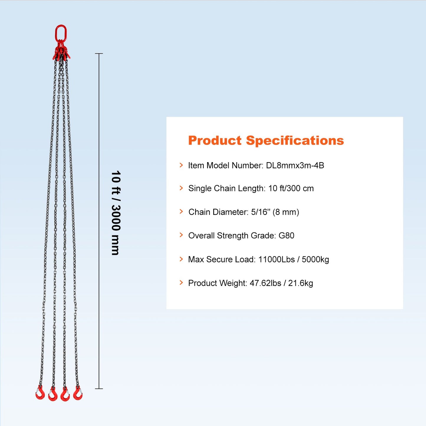 5/16" x 10" Chain Sling 4 Leg G80 Lifting Chain with Grab Hooks 11000 lbs