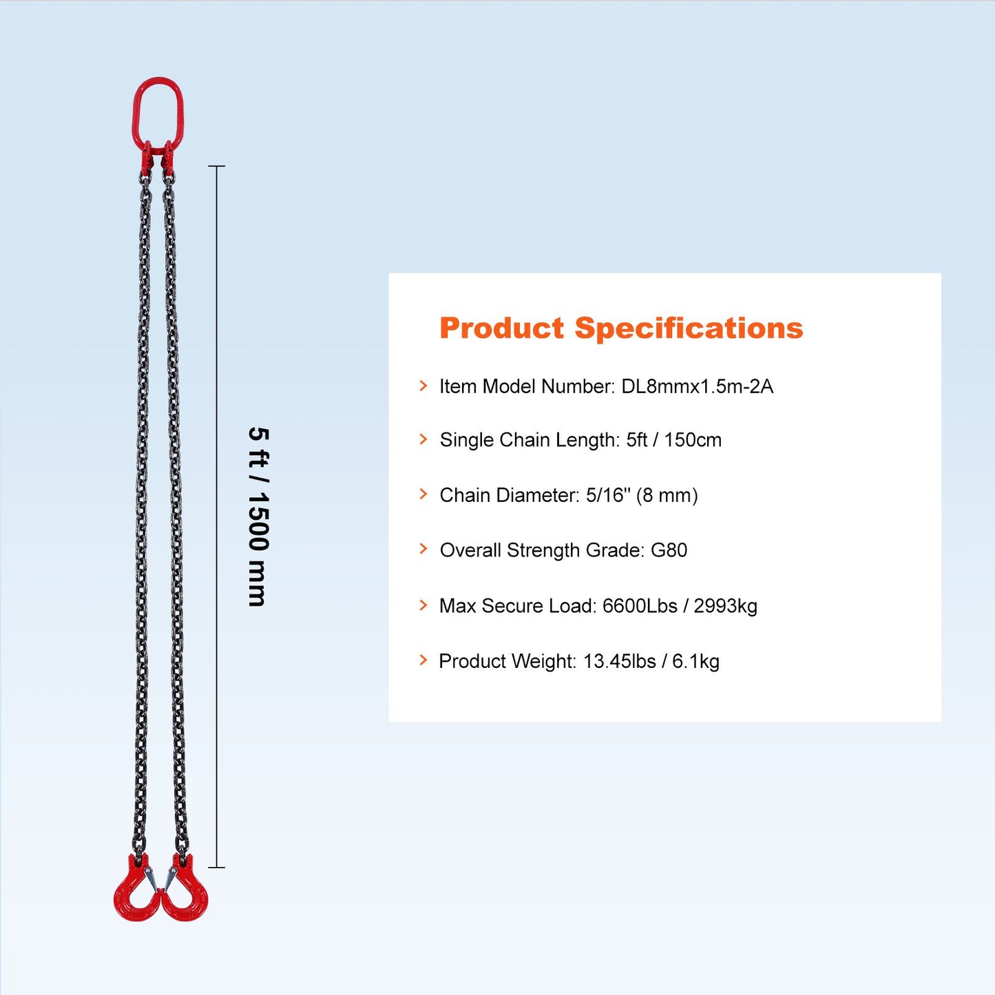 5/16" x 5" kedjesling 2 ben G80 lyftkedja med gripkrokar 6600 lbs