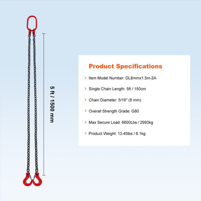 5/16" x 5" kedjesling 2 ben G80 lyftkedja med gripkrokar 6600 lbs