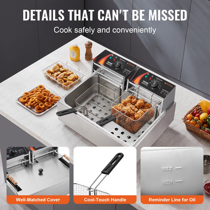 Kommersiell elektrisk fritös 2500W 12L rostfritt stål Uppgradering 200°C