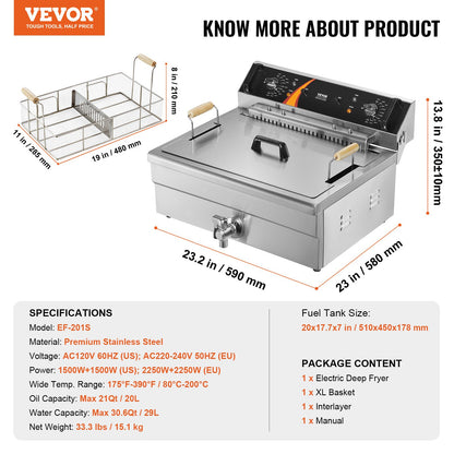 Commercial Electric Deep Fryer Deep Fryer Countertop 3000W 30.6Qt/29L