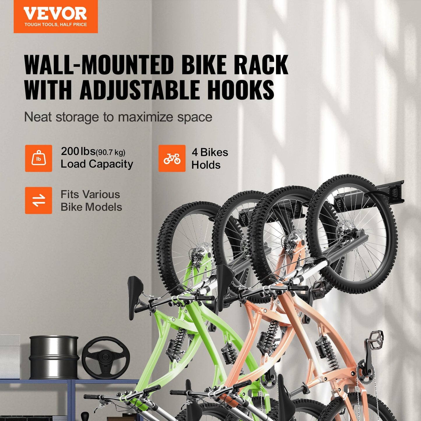 Bike Holder Wall Mounted Garage Bike Holder for 4 Bikes + 2 Helmets
