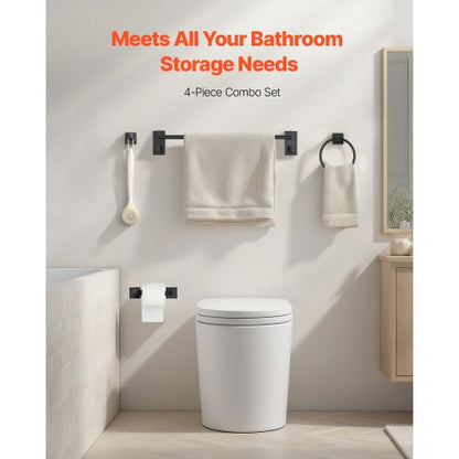 Mattsvart Badrumsbeslagset, 4 delar Badrumstillbehörsset i rostfritt stål, 24-tums handdukshängare, handduksring, badrockskrok, toalettpappershållare, för badrum, väggmonterad |  EU