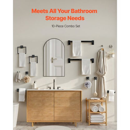 Mattsvart Badrumsbeslagset, 10-delars badrumstillbehörsset, 2 handdukshängare i rostfritt stål 24-tums, 2 handdukshängare, 4 handdukskrokar, 2 toalettpappershållare för badrum, väggmonterad |  EU