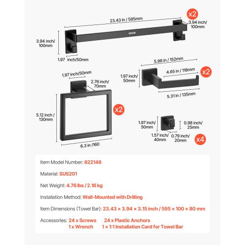 Mattsvart Badrumsbeslagset, 10-delars badrumstillbehörsset, 2 handdukshängare i rostfritt stål 24-tums, 2 handdukshängare, 4 handdukskrokar, 2 toalettpappershållare för badrum, väggmonterad |  EU
