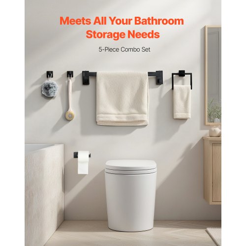 Mattsvart Badrumsbeslagset, 5 delar Badrumstillbehörsset i rostfritt stål, 24-tums handdukshängare, handduksställ, 2 badrockskrokar, toalettpappershållare, för badrum, väggmonterad |  EU