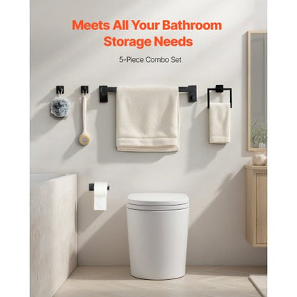 Mattsvart Badrumsbeslagset, 5 delar Badrumstillbehörsset i rostfritt stål, 24-tums handdukshängare, handduksställ, 2 badrockskrokar, toalettpappershållare, för badrum, väggmonterad |  EU