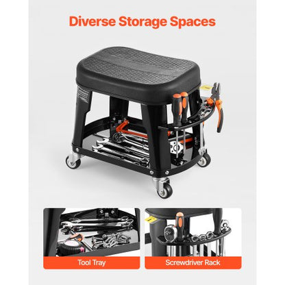 Mechanical Stool Rolling Workshop Seat 300 lbs Load with Wheels and Tool Tray | EU