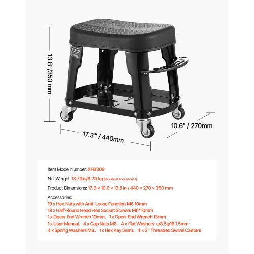 Mechanical Stool Rolling Workshop Seat 300 lbs Load with Wheels and Tool Tray | EU