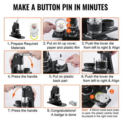 Button Maker Machine, flera storlekar 1+2,25 tum Badge Punch Press Kit, Barn gör-det-själv-presenter Pin Maker, Tillbehör för knapptillverkning med 500 st knappdelar & Circle Cutter & Magic Book
